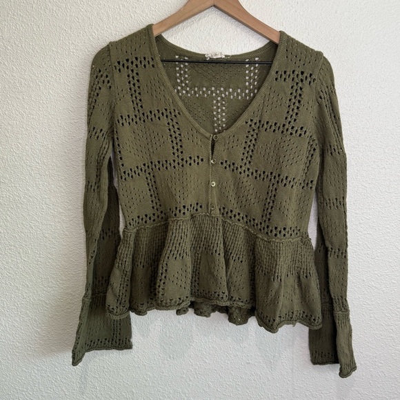 Anthropologie Pilcro Womens Small Pointelle Babydoll Sweater In Green Boho Beach - Picture 2 of 10